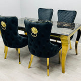 Louis Gold Black Marble Dining Table With Shimmer Black / Gold Lion Knocker Dining Chairs