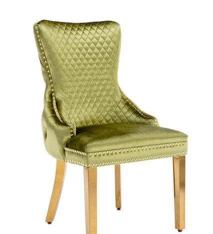 Victoria Green Gold Lion Knocker Button Back Plush Velvet Dining Chair Gold Legs