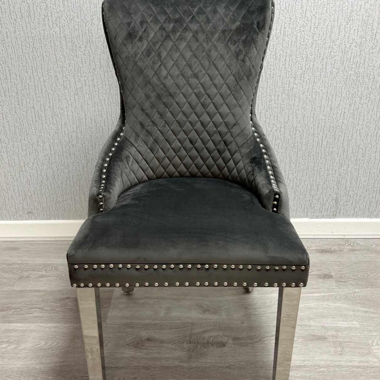 Victoria Dark Grey Chrome Ring Knocker Button Back Plush Velvet Chair