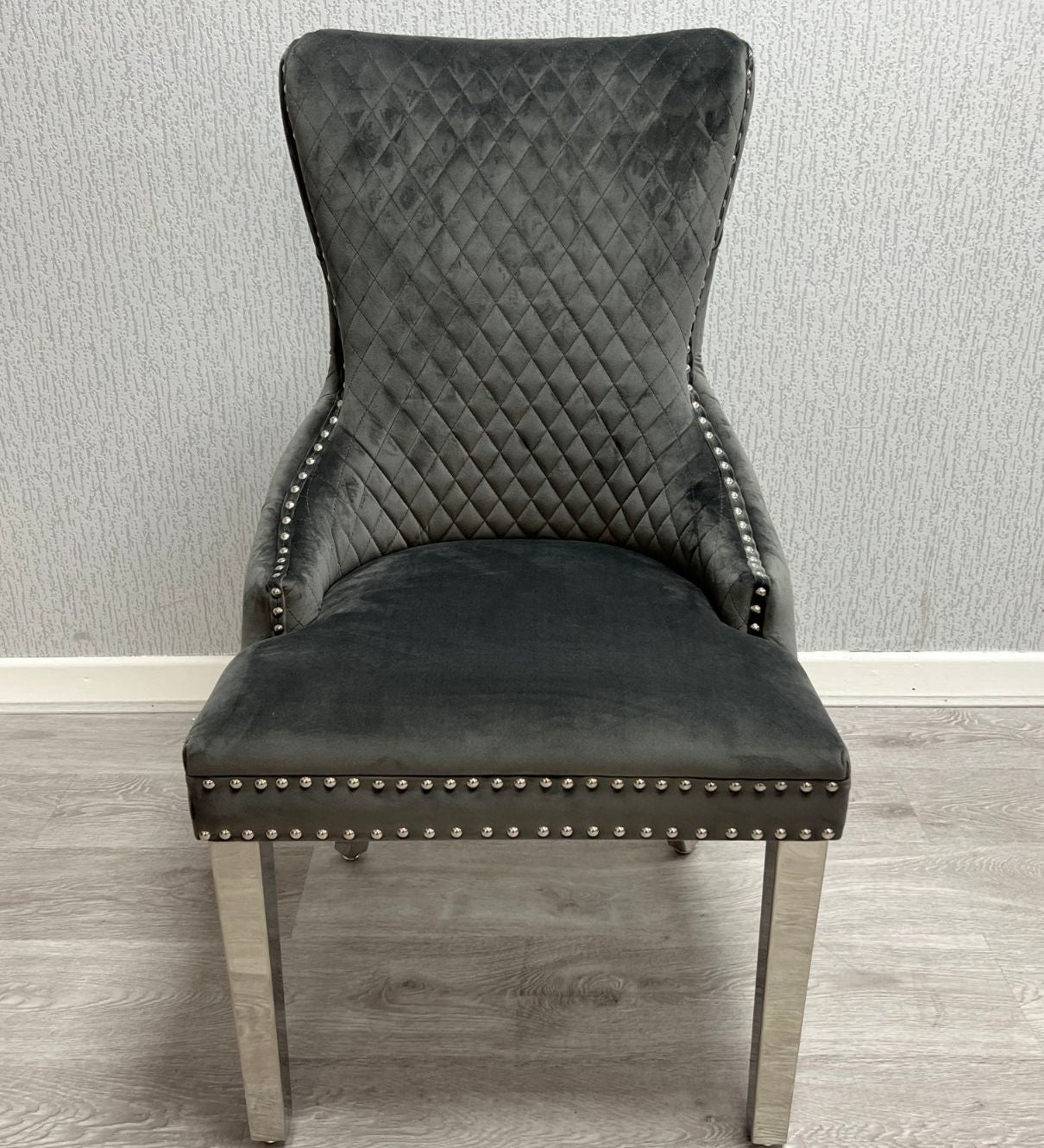 Victoria Dark Grey Chrome Ring Knocker Button Back Plush Velvet Chair