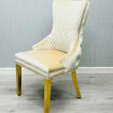 Arial Marble & Gold Dining Table With Victoria Quilted Ring Knocker Dining Chairs Gold Legs