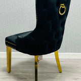 Arial Marble & Gold Dining Table With Victoria Quilted Ring Knocker Dining Chairs Gold Legs