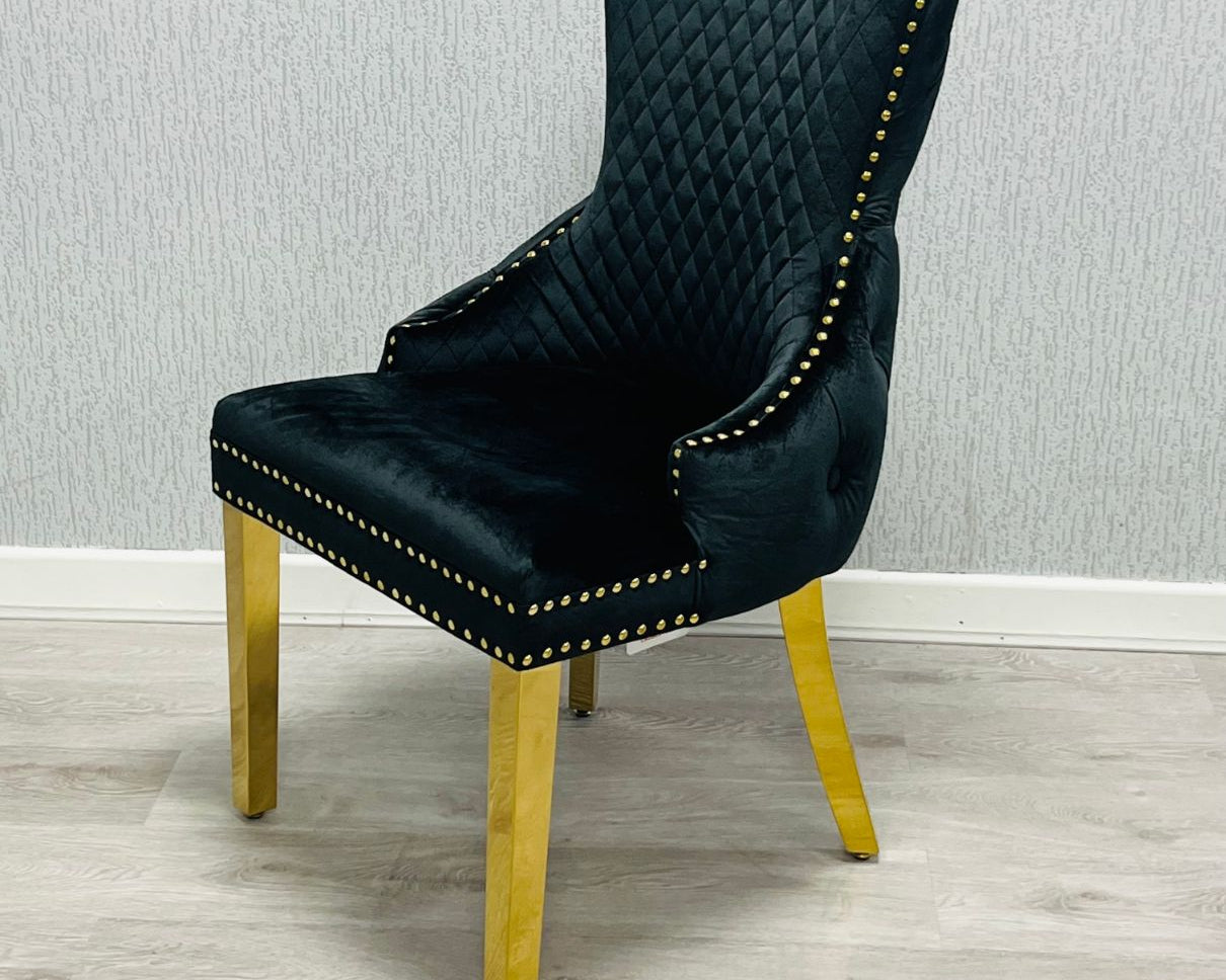 Sofia Black & Gold Marble Dining Table with Victoria Lion Knocker Chairs