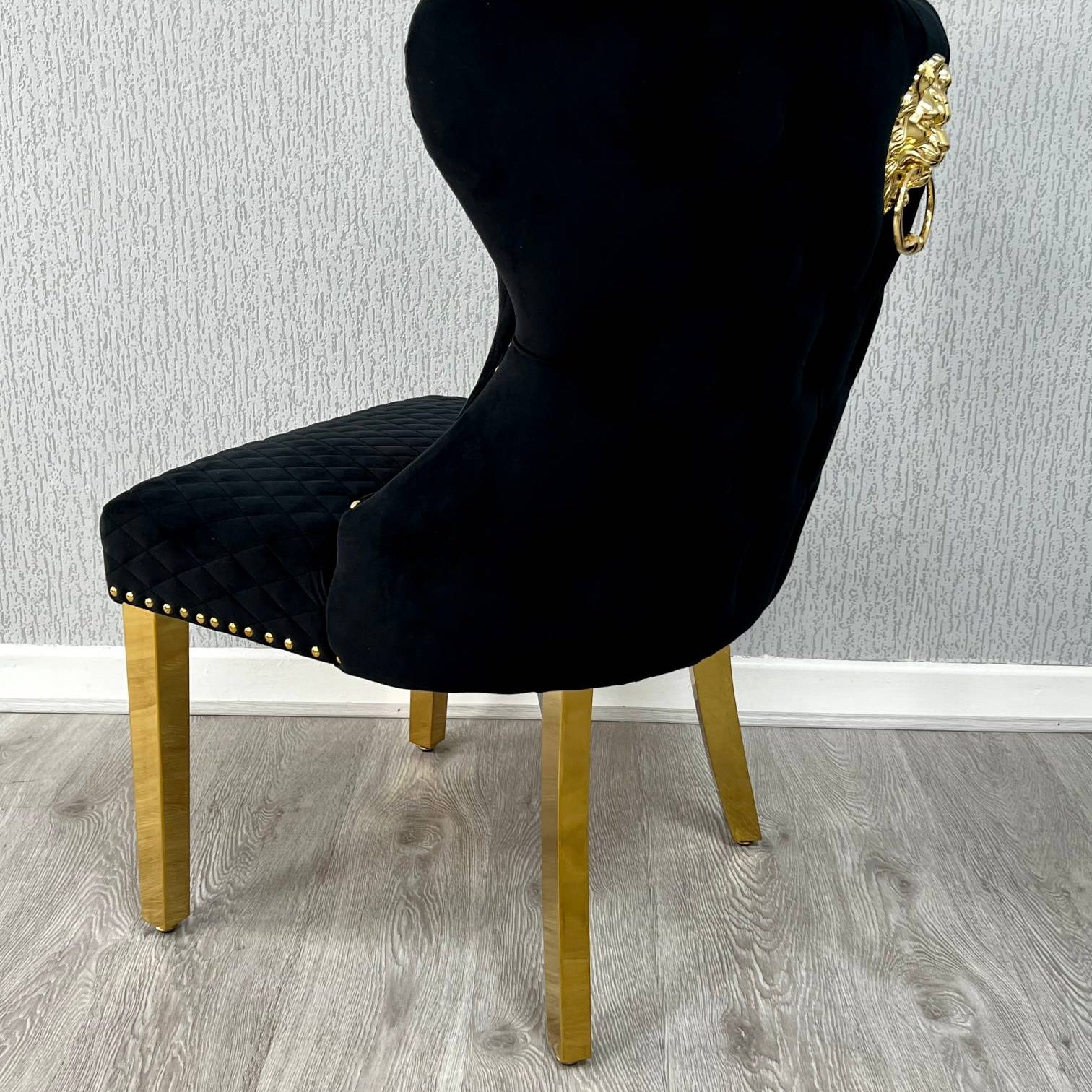 Louis Gold Round Marble 110cm Dining Table With Valentino Gold Lion Knocker Velvet Dining Chairs