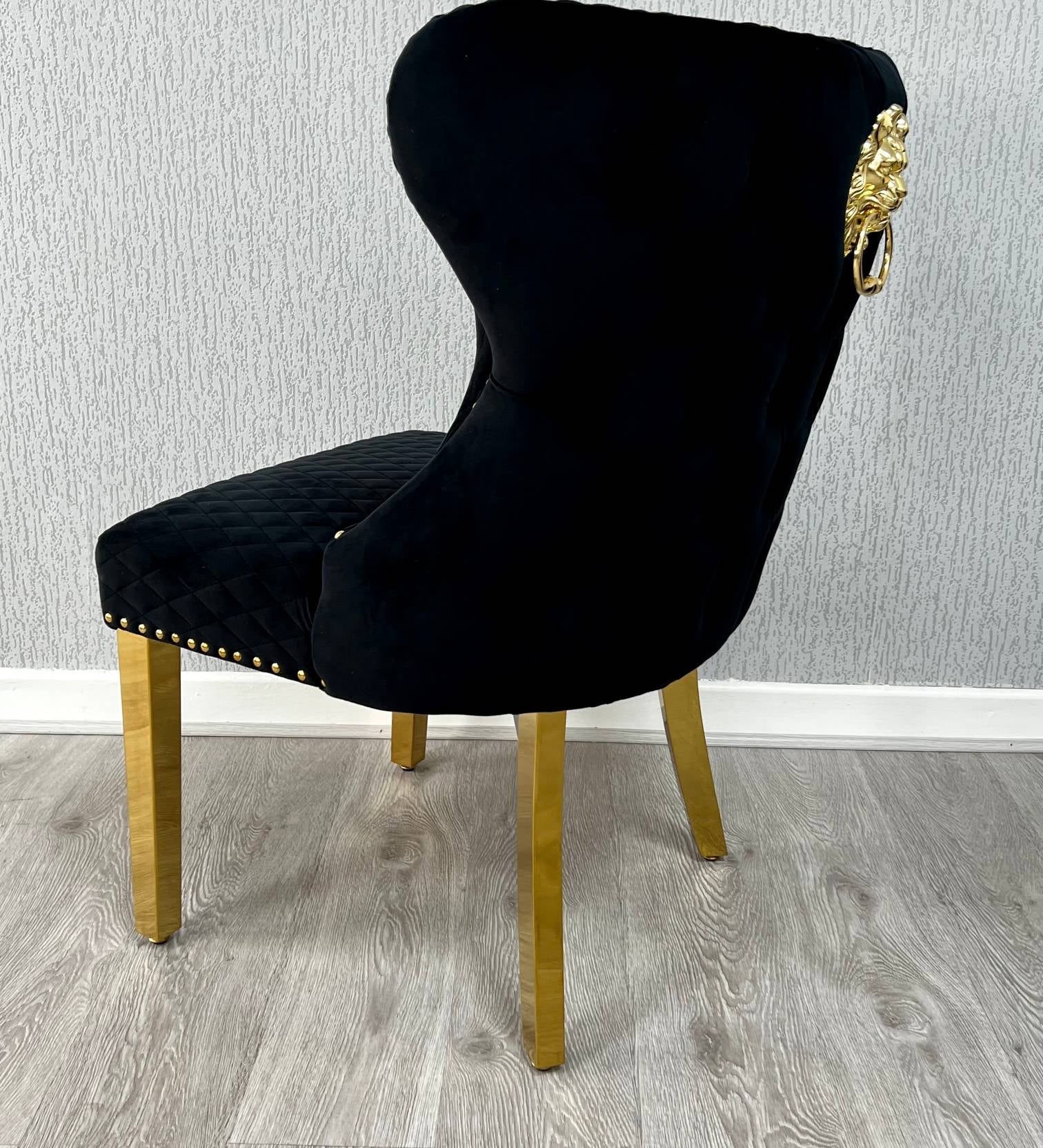 Louis Gold Round Marble 110cm Dining Table With Valentino Gold Lion Knocker Velvet Dining Chairs