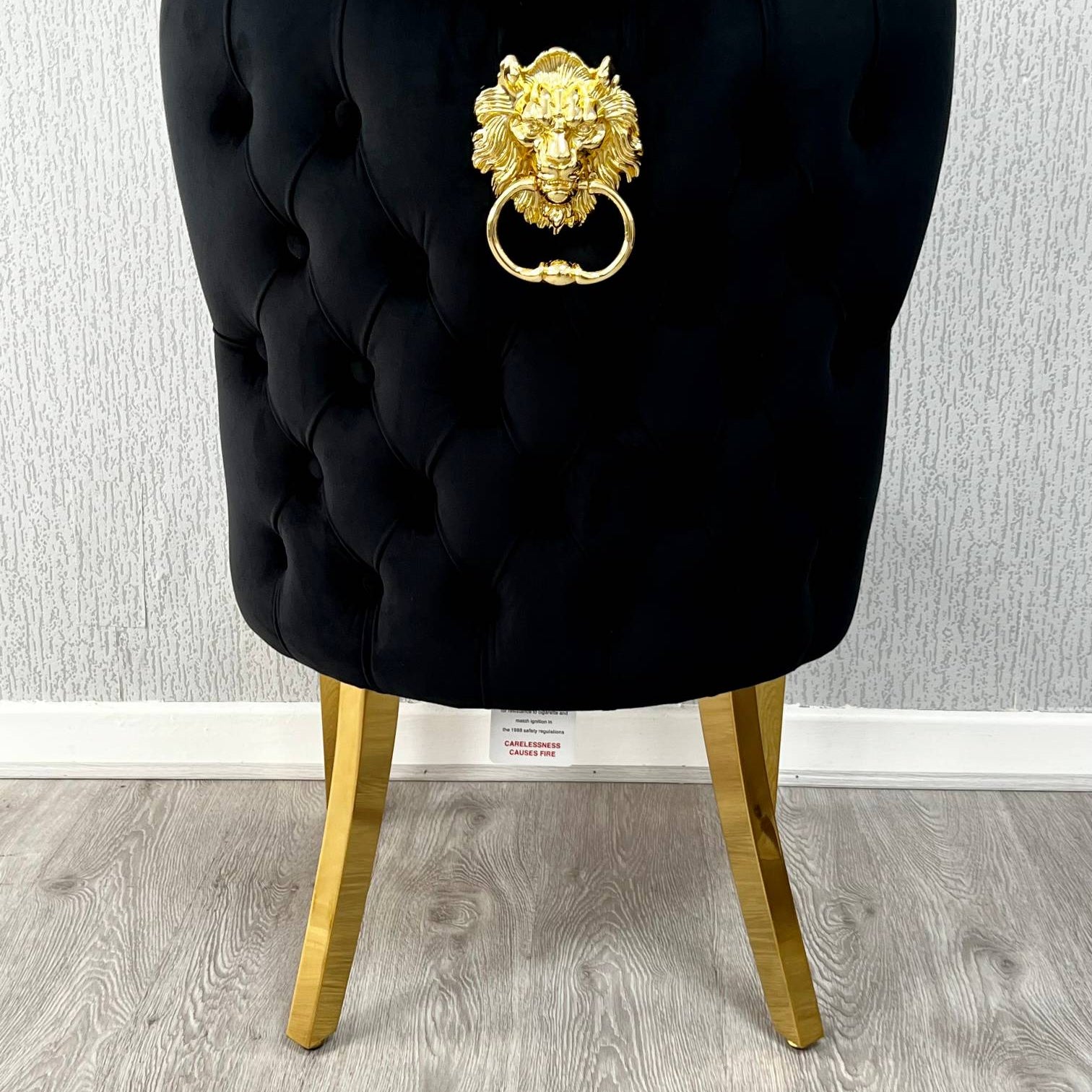 Louis Gold Black Marble Dining Table With Valentino Gold Lion Knocker Dining Chairs