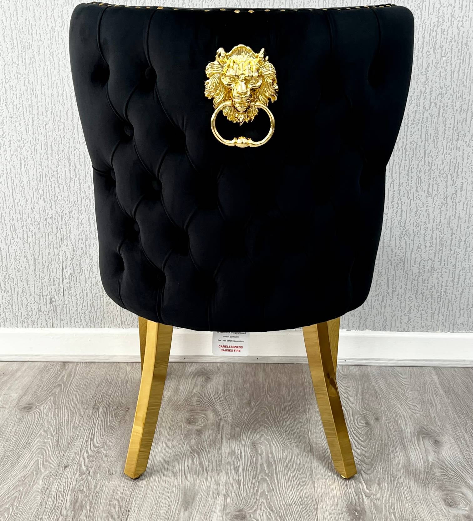 Louis Gold Black Marble Dining Table With Valentino Gold Lion Knocker Dining Chairs