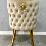 Louis Gold Round Marble 110cm Dining Table With Valentino Gold Lion Knocker Velvet Dining Chairs
