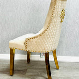 Louis Marble & Gold Dining Table With Quilted Gold Lion Knocker Velvet Chairs