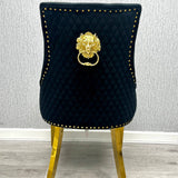Louis Marble & Gold Dining Table With Quilted Gold Lion Knocker Velvet Chairs