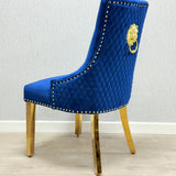 Majestic Blue Gold Lion Knocker Quilted Tufted Plush Velvet Dining Chair Gold Legs