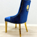 Majestic Blue Gold Lion Knocker Quilted Tufted Plush Velvet Dining Chair Gold Legs