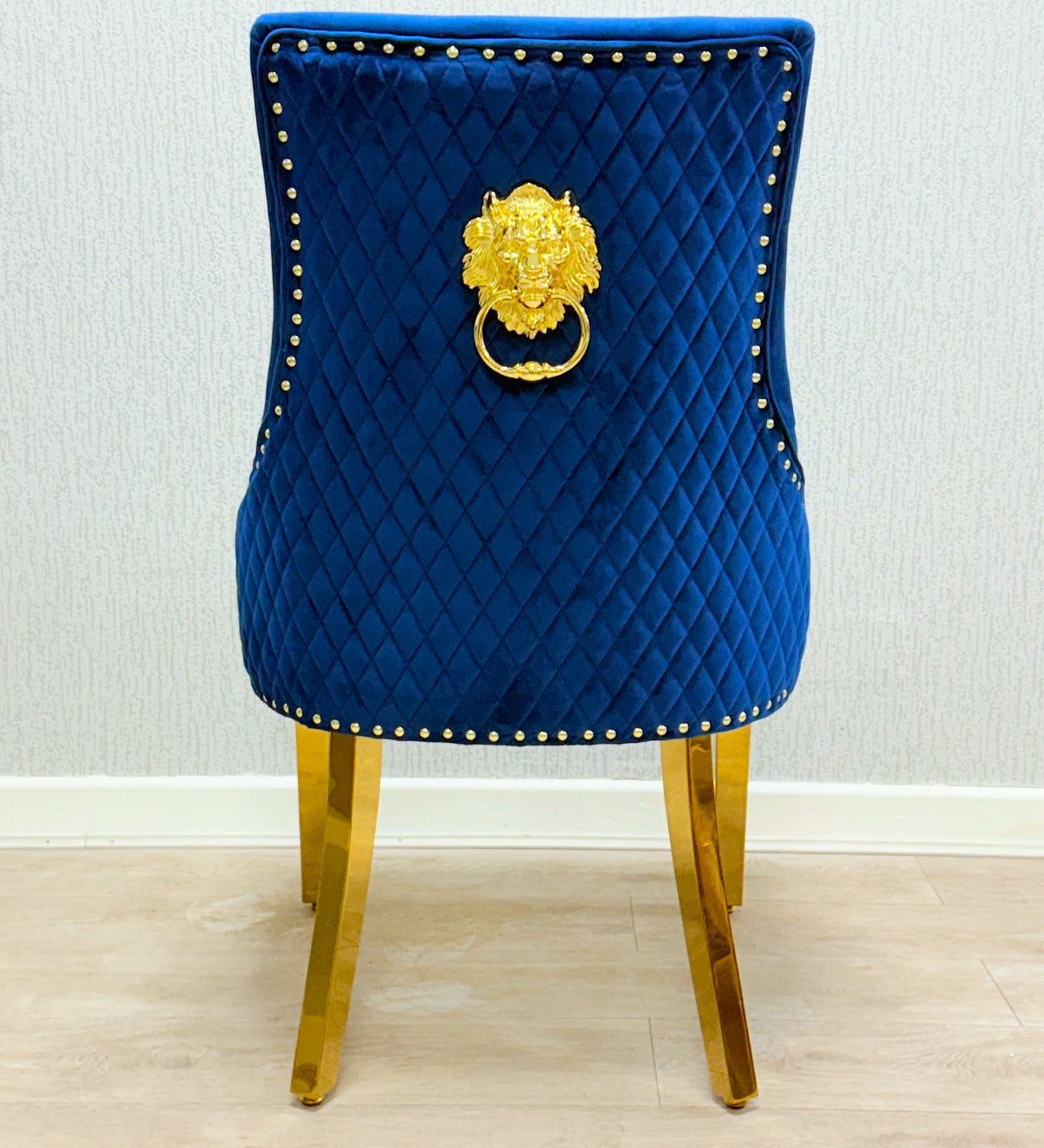 Majestic Blue Gold Lion Knocker Quilted Tufted Plush Velvet Dining Chair Gold Legs