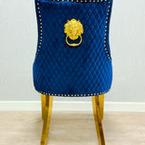 Majestic Blue Gold Lion Knocker Quilted Tufted Plush Velvet Dining Chair Gold Legs
