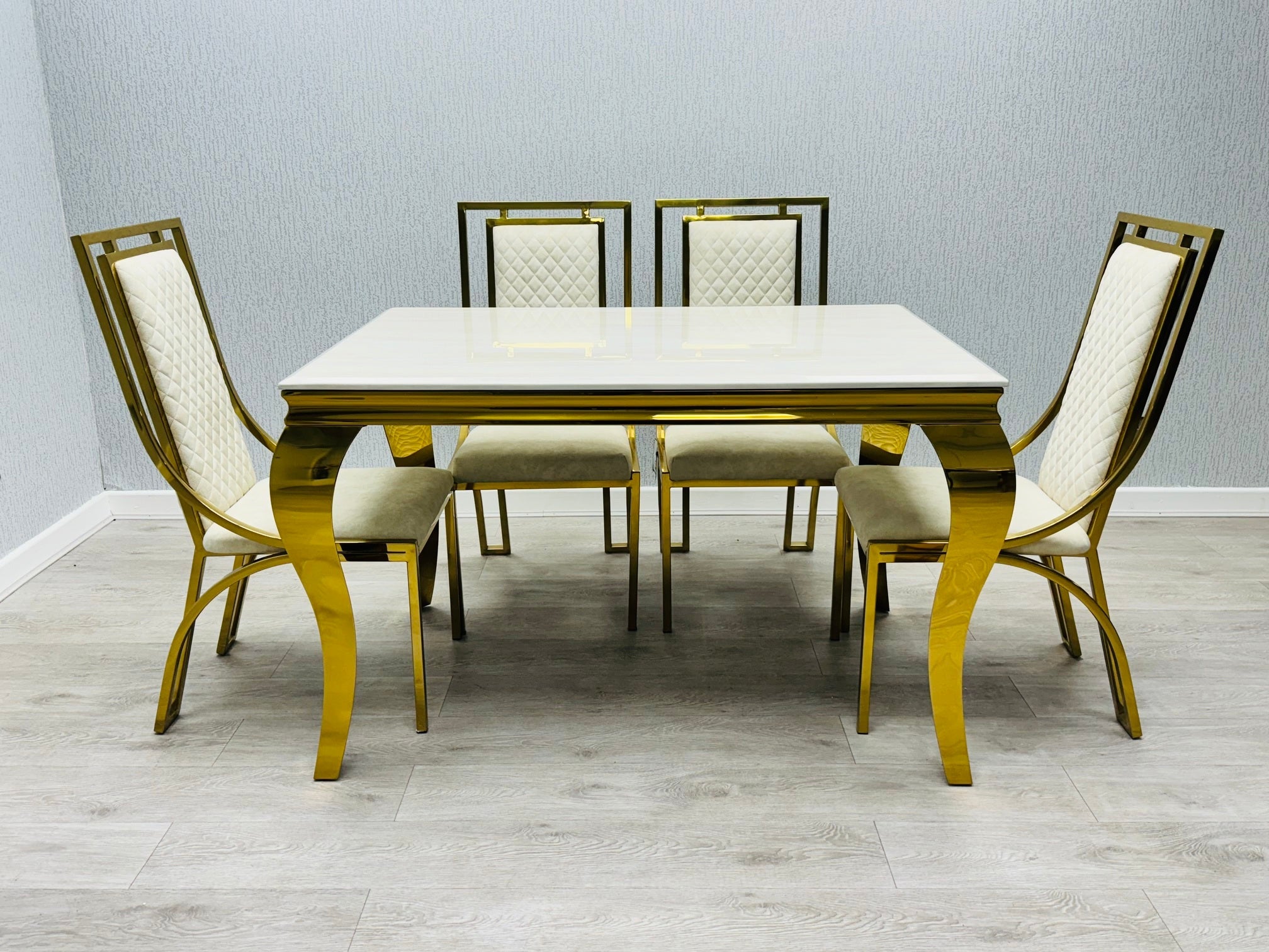 Sofia Cream Gold Marble Dining Table with Windsor Chairs