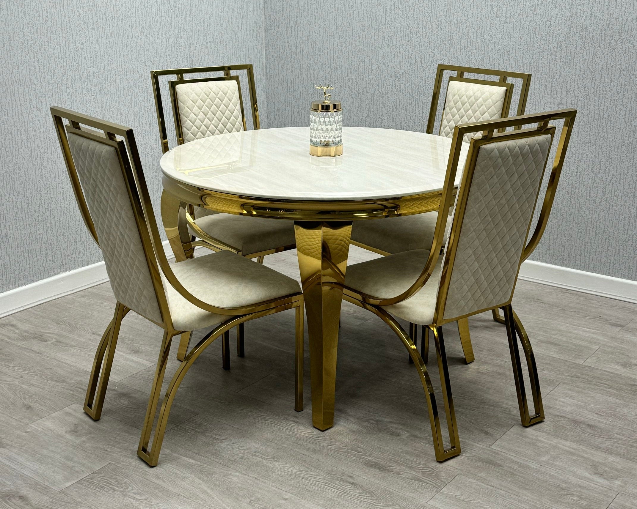Sofia Cream Gold Marble Dining Table with Windsor Chairs