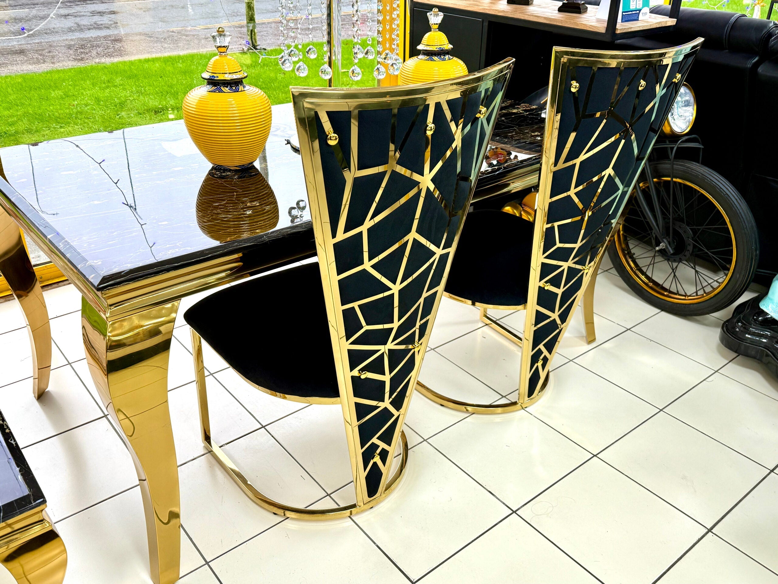 Louis Marble & Gold Dining Table With Florence High Back Velvet Chairs