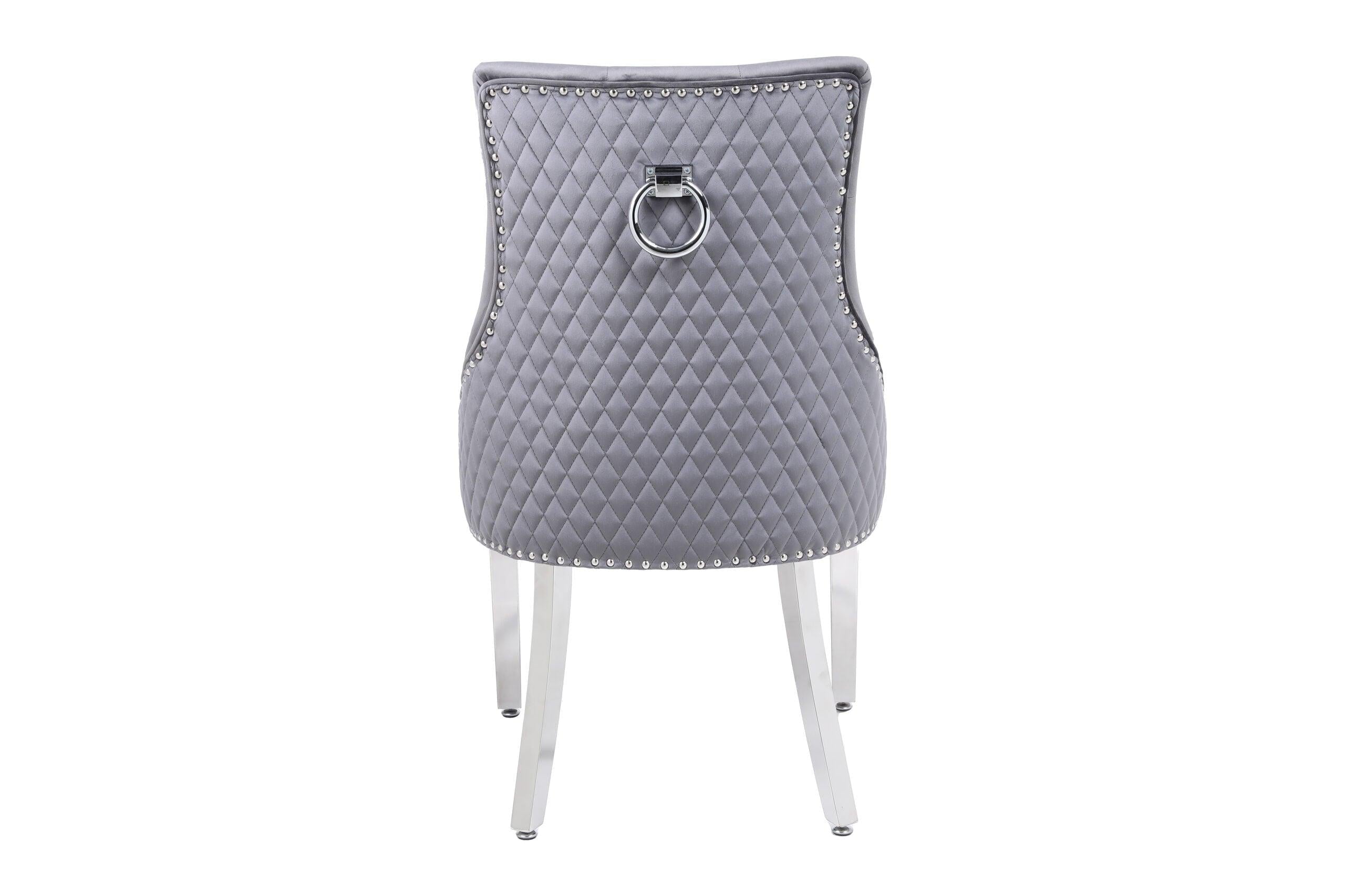 Majestic Round Chrome Ring Knocker Grey Plush French Velvet Dining Chair-Esme Furnishings