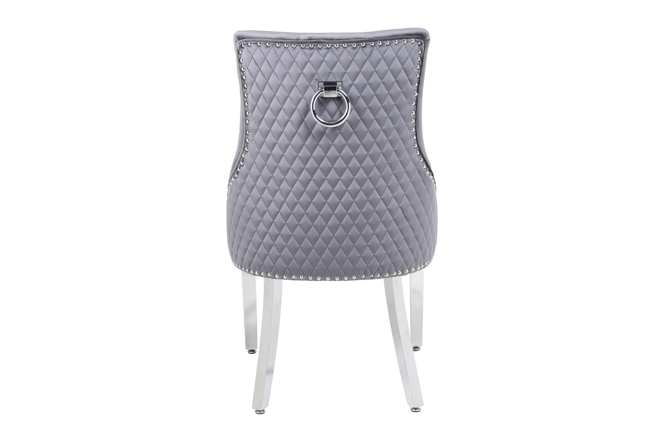 Majestic Round Chrome Ring Knocker Grey Plush French Velvet Dining Chair-Esme Furnishings