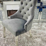 Elina 180cm Grey Marble & Chrome Dining Table + Majestic Plush Velvet Quilted Lion Knocker Dining Chairs