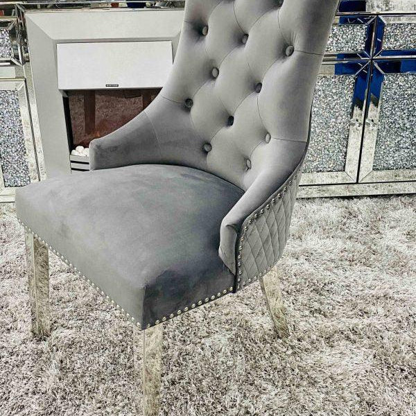 Majestic Lion Knocker Quilted Tufted Plush Velvet Dining Chair Chrome Legs - 8 Colours-Esme Furnishings