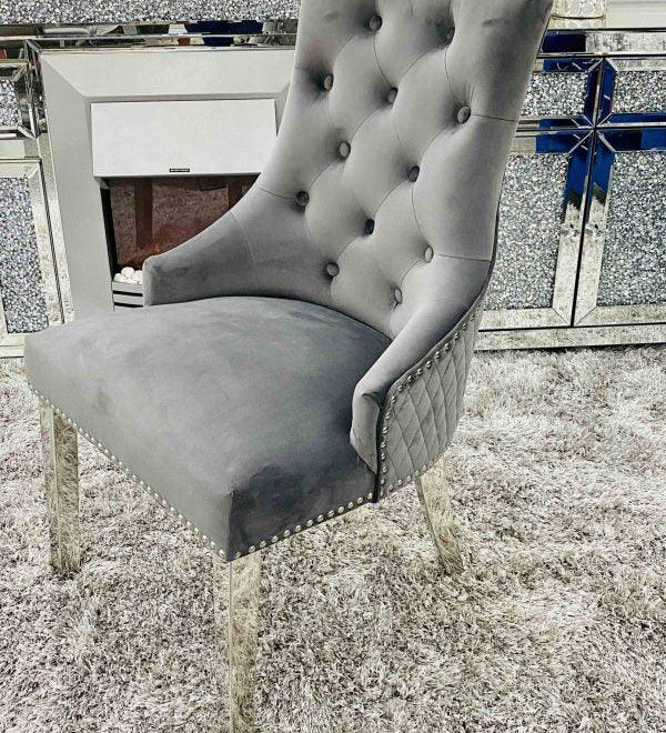 Majestic Lion Knocker Quilted Tufted Plush Velvet Dining Chair Chrome Legs - 8 Colours-Esme Furnishings