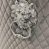 Elina 180cm Grey Marble & Chrome Dining Table + Majestic Plush Velvet Quilted Lion Knocker Dining Chairs