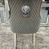 Louis Grey Round 130cm Marble Dining Table + Grey Lion Knocker Velvet Dining Chairs