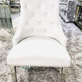 Elina 180cm Grey Marble & Chrome Dining Table + Majestic Plush Velvet Quilted Lion Knocker Dining Chairs