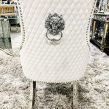 Elina 180cm Grey Marble & Chrome Dining Table + Majestic Plush Velvet Quilted Lion Knocker Dining Chairs