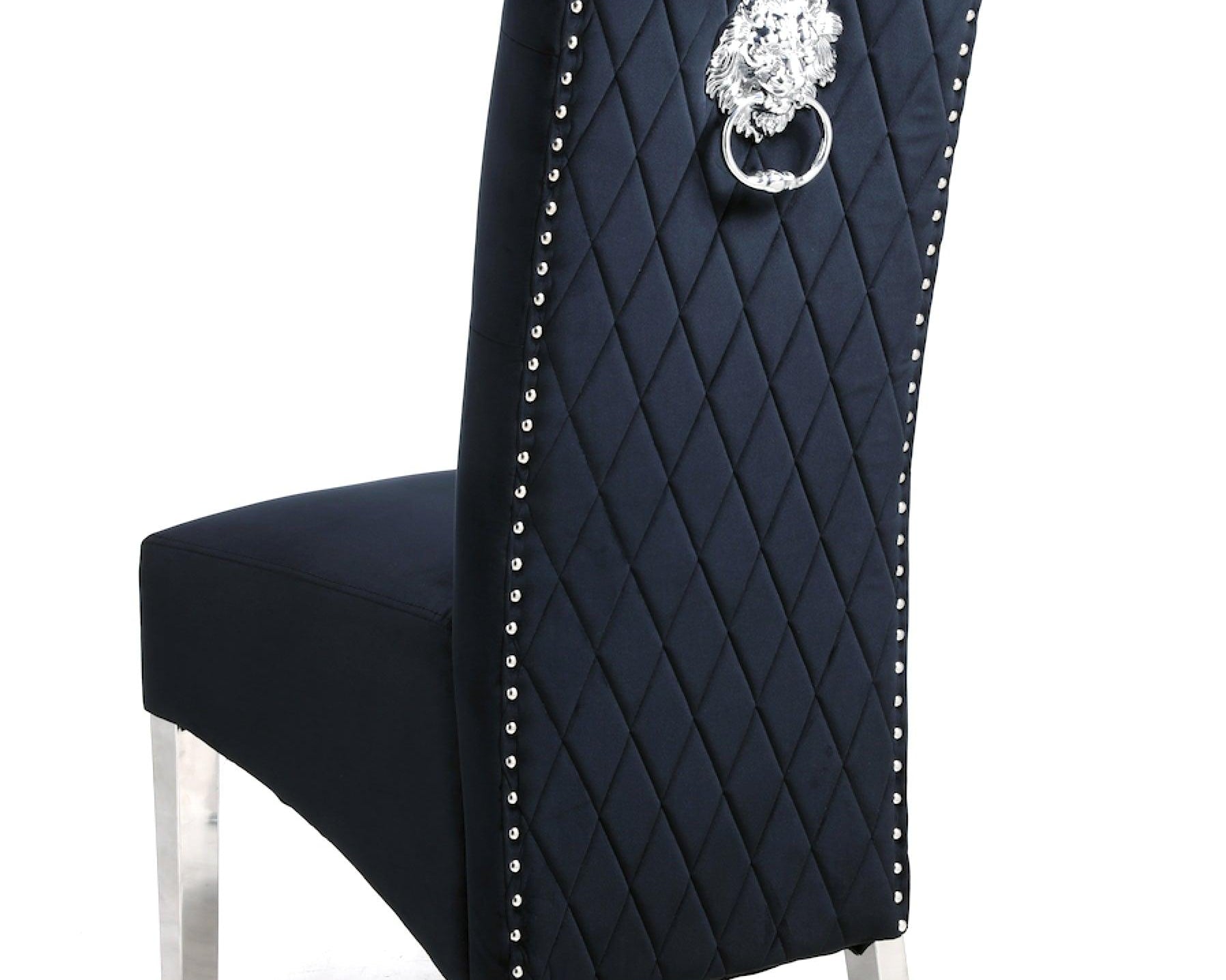 Sophia Black French Velvet Lion Knocker Quilted Dining Chair With Chrome Legs-Esme Furnishings