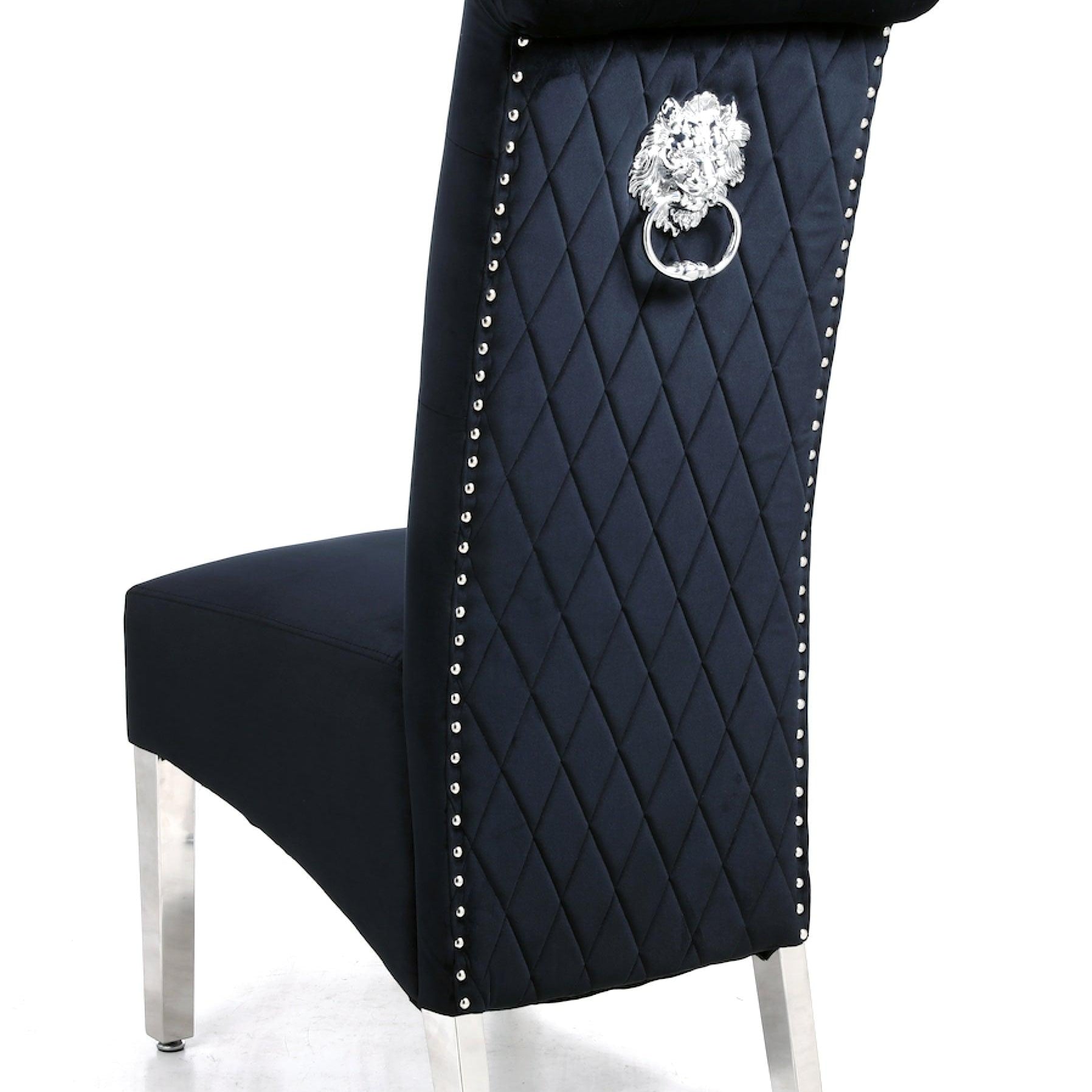 Sophia Black French Velvet Lion Knocker Quilted Dining Chair With Chrome Legs-Esme Furnishings