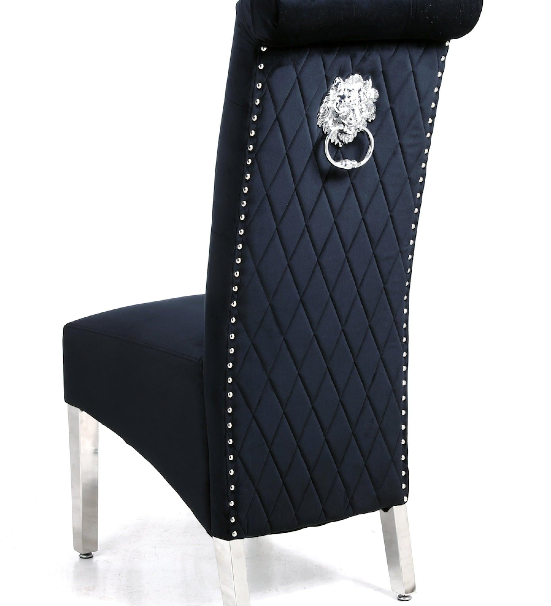 Sophia Black French Velvet Lion Knocker Quilted Dining Chair With Chrome Legs-Esme Furnishings