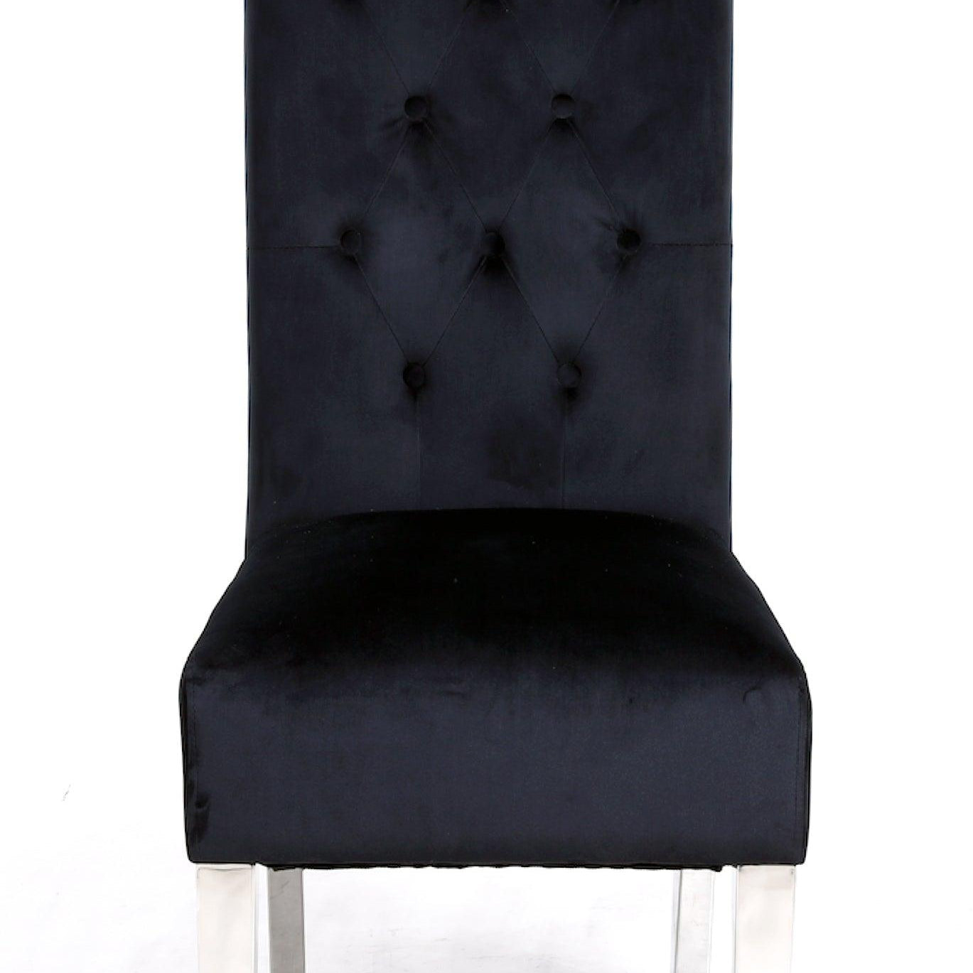Sophia Black French Velvet Lion Knocker Quilted Dining Chair With Chrome Legs-Esme Furnishings