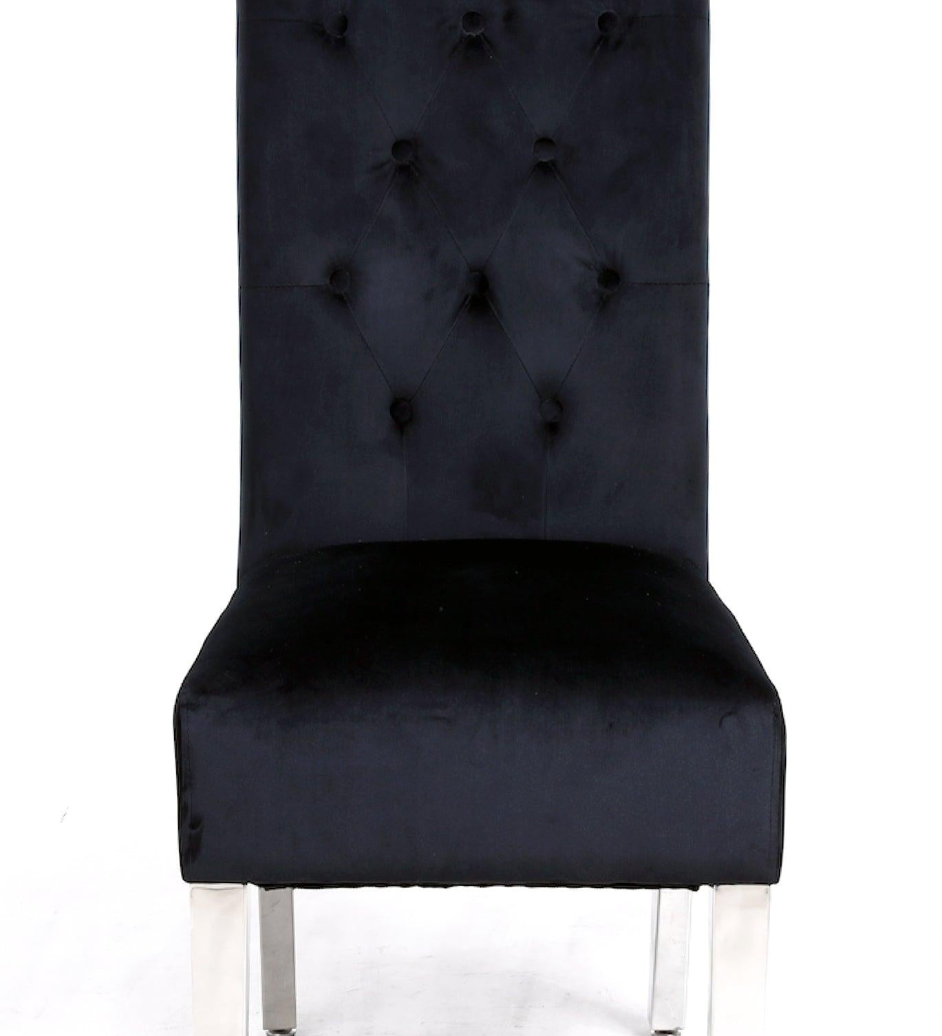 Sophia Black French Velvet Lion Knocker Quilted Dining Chair With Chrome Legs-Esme Furnishings