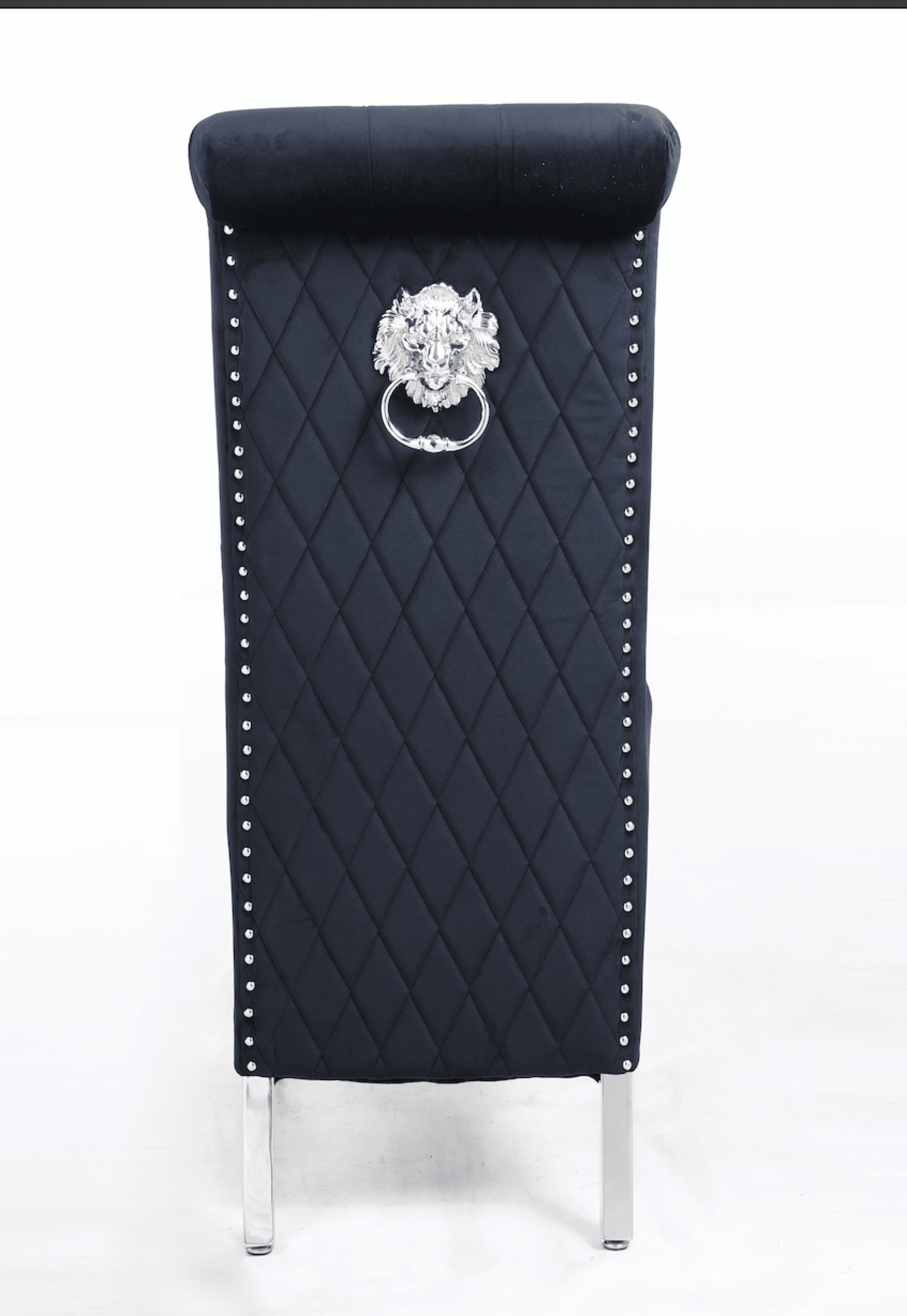 Sophia Black French Velvet Lion Knocker Quilted Dining Chair With Chrome Legs-Esme Furnishings
