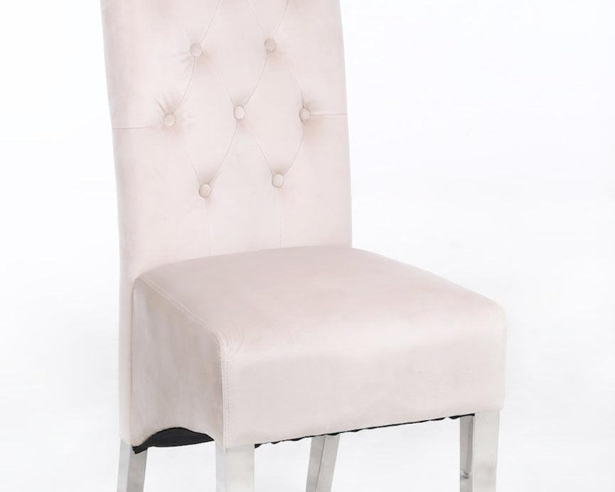 Sophia Cream French Velvet Lion Knocker Quilted Dining Chair With Chrome Legs-Esme Furnishings