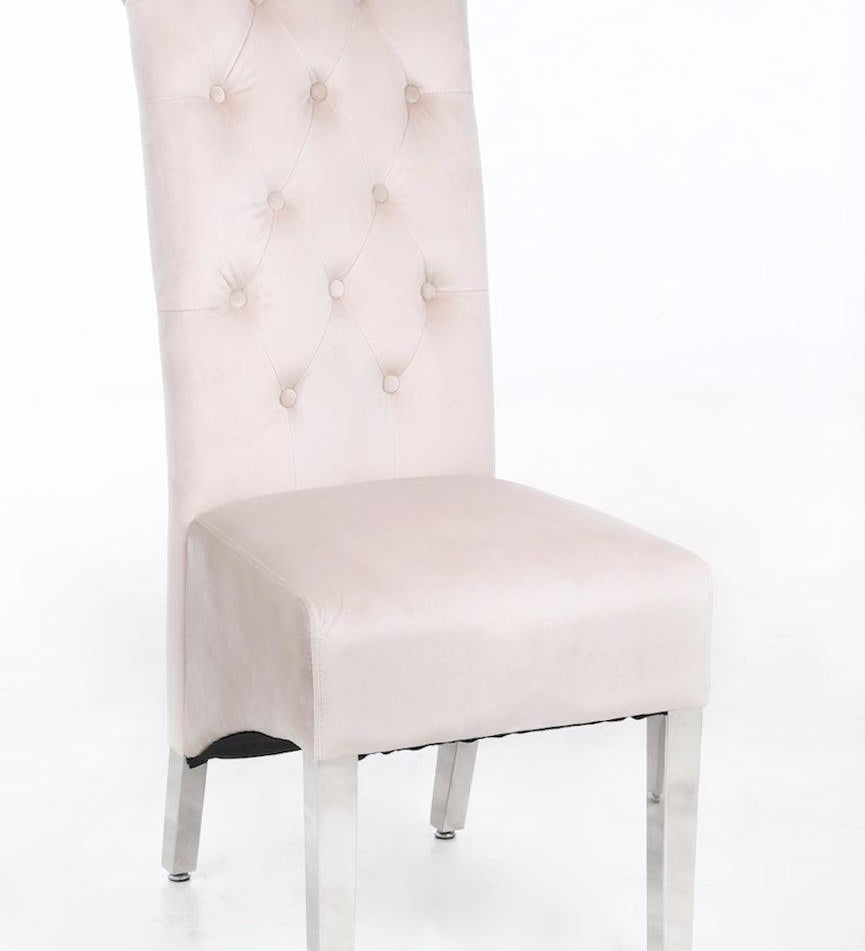 Sophia Cream French Velvet Lion Knocker Quilted Dining Chair With Chrome Legs-Esme Furnishings