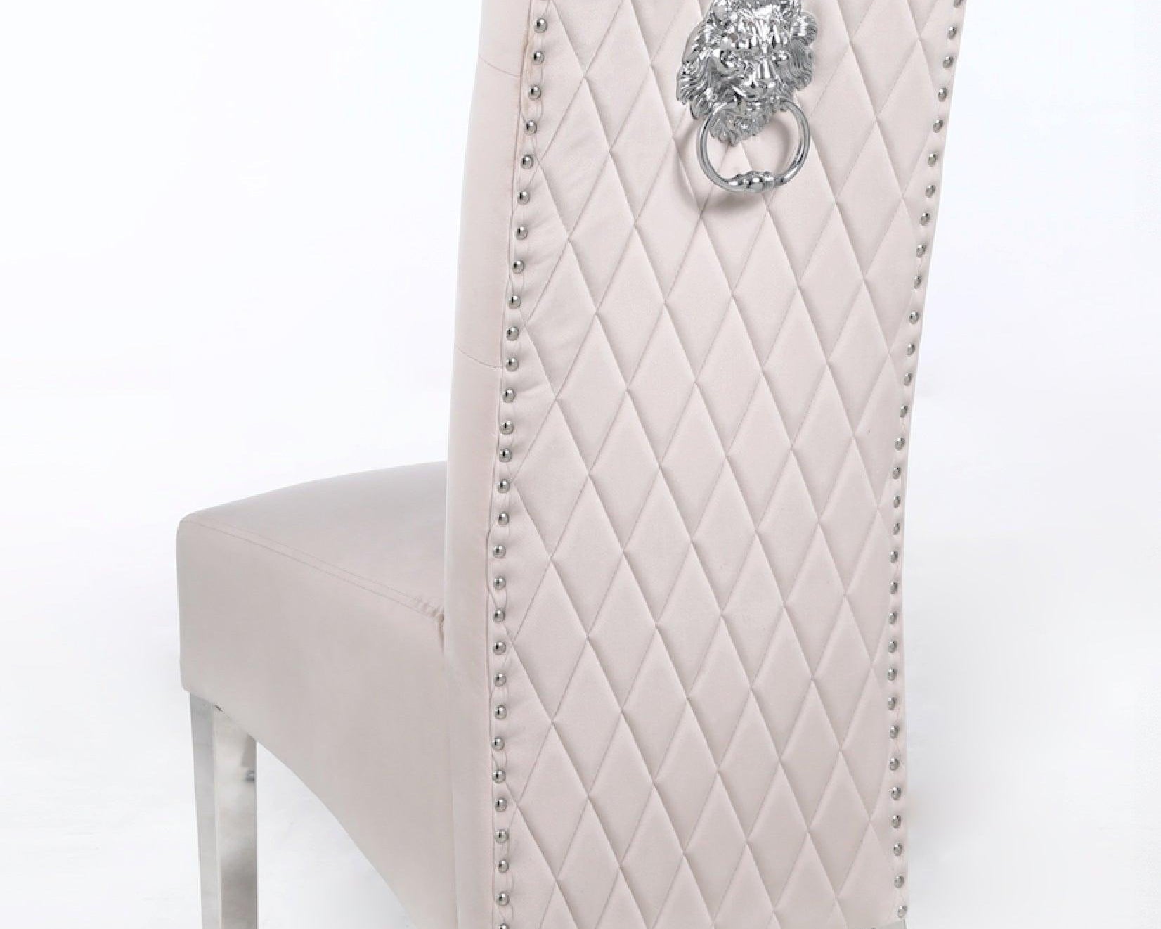 Sophia Cream French Velvet Lion Knocker Quilted Dining Chair With Chrome Legs-Esme Furnishings