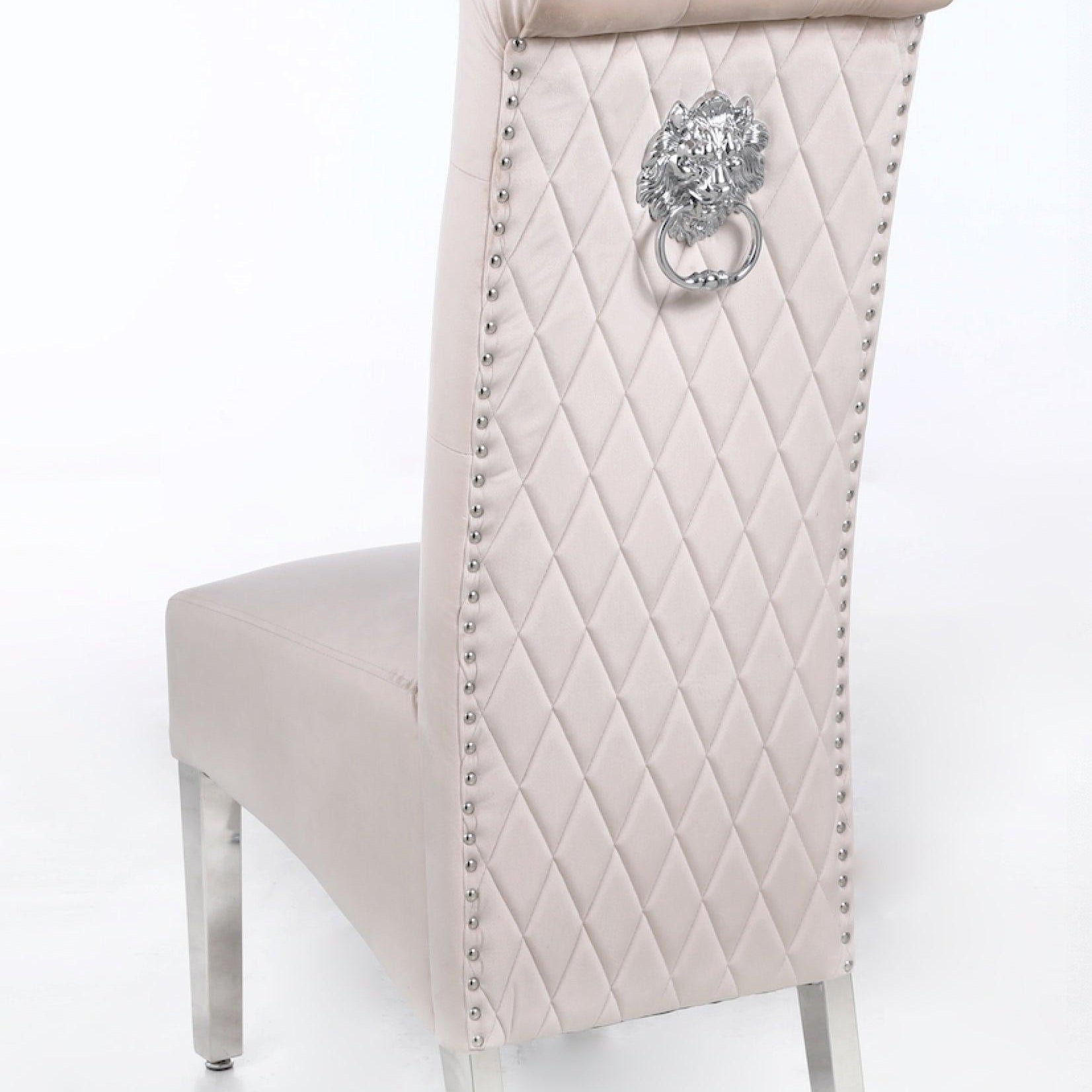 Sophia Cream French Velvet Lion Knocker Quilted Dining Chair With Chrome Legs-Esme Furnishings