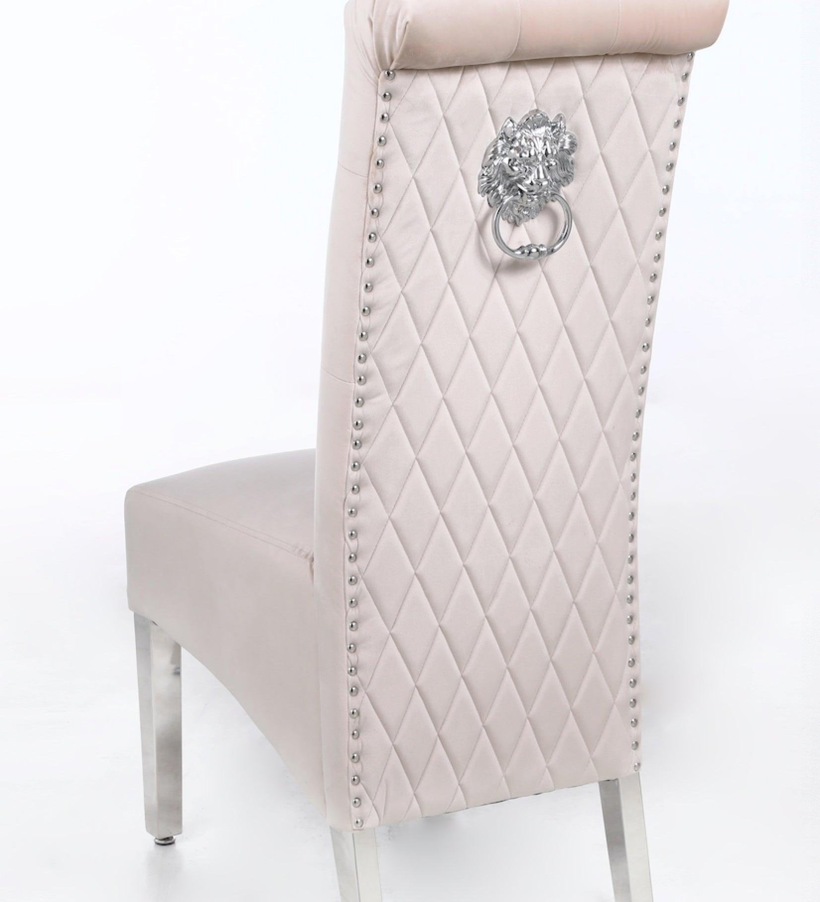 Sophia Cream French Velvet Lion Knocker Quilted Dining Chair With Chrome Legs-Esme Furnishings