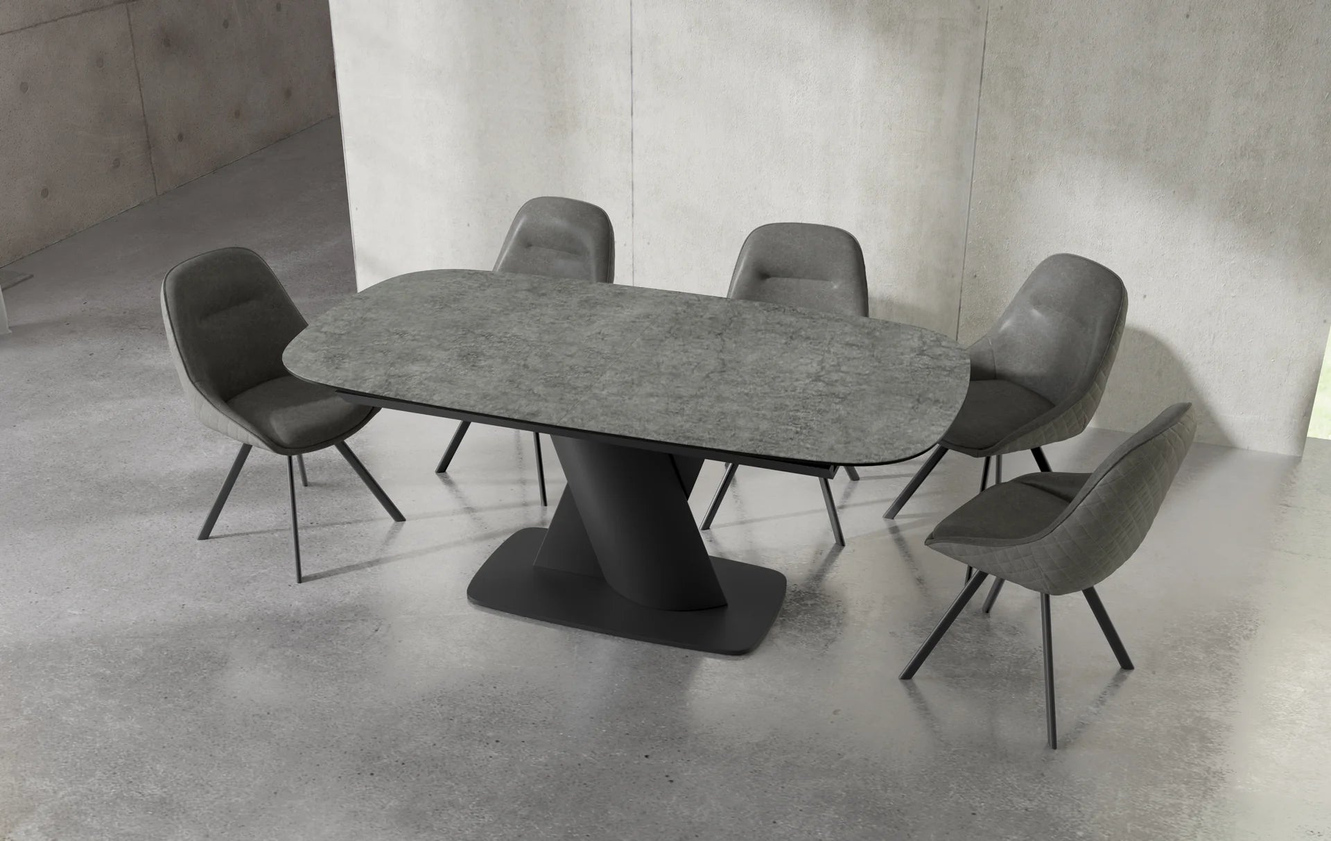 Prima 180-230cm Spanish Charcoal Grey Ceramic Marble Centre Swivel Extending Dining Table