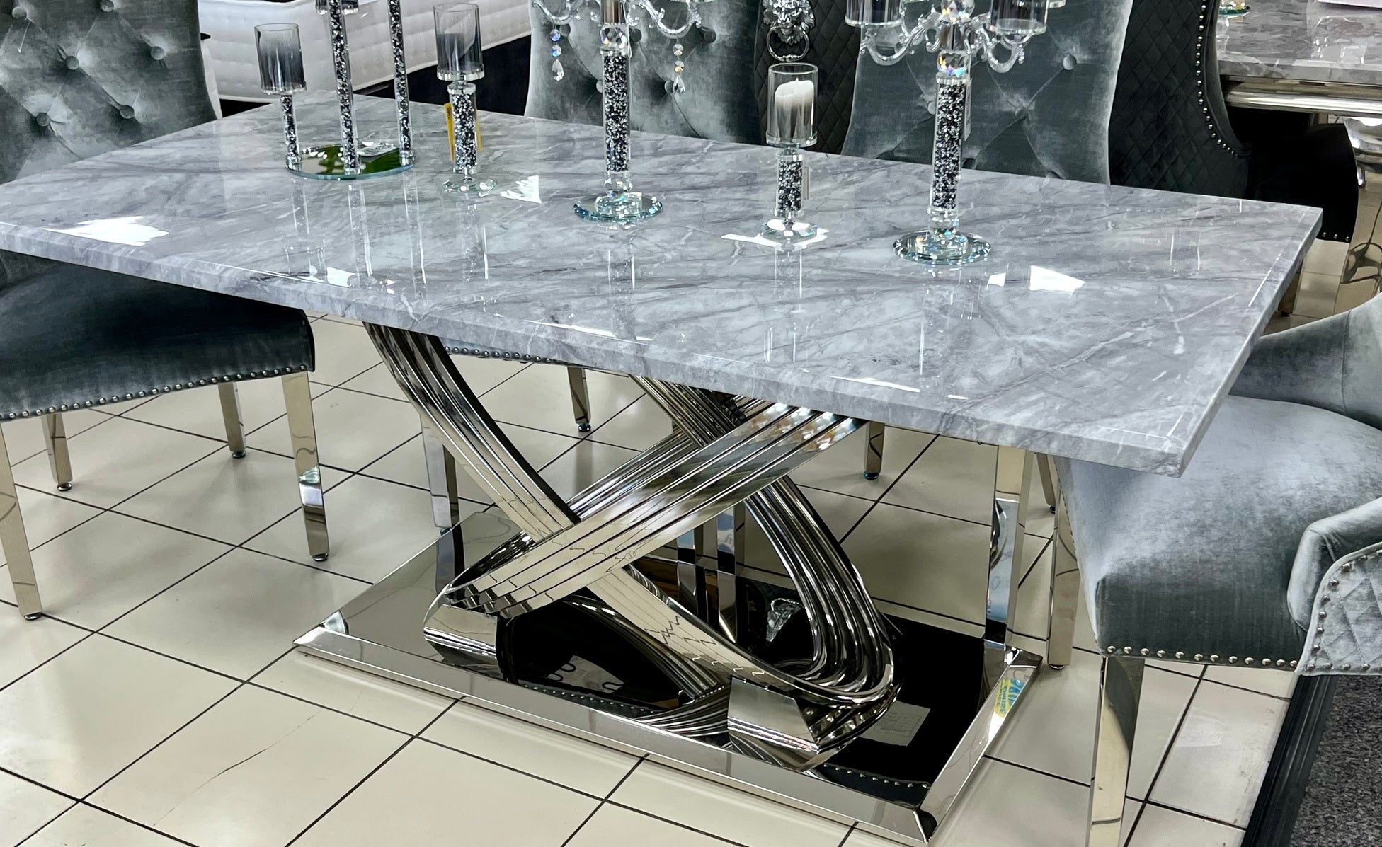 Elina 160cm Marble & Chrome Dining Table With Brompton Grey Velvet Chrome Chairs