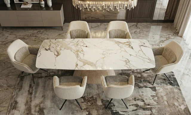 Monaco Pandora Beige 160-240cm Extending Ceramic Marble Dining Table With Florence Beige Velvet 360 Swivel Chairs