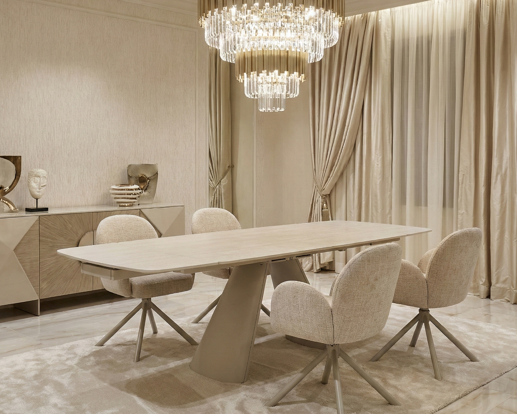 Manhattan 160-240cm Beige Ceramic Stone Extending Marble Dining Table With Tokyo Chairs
