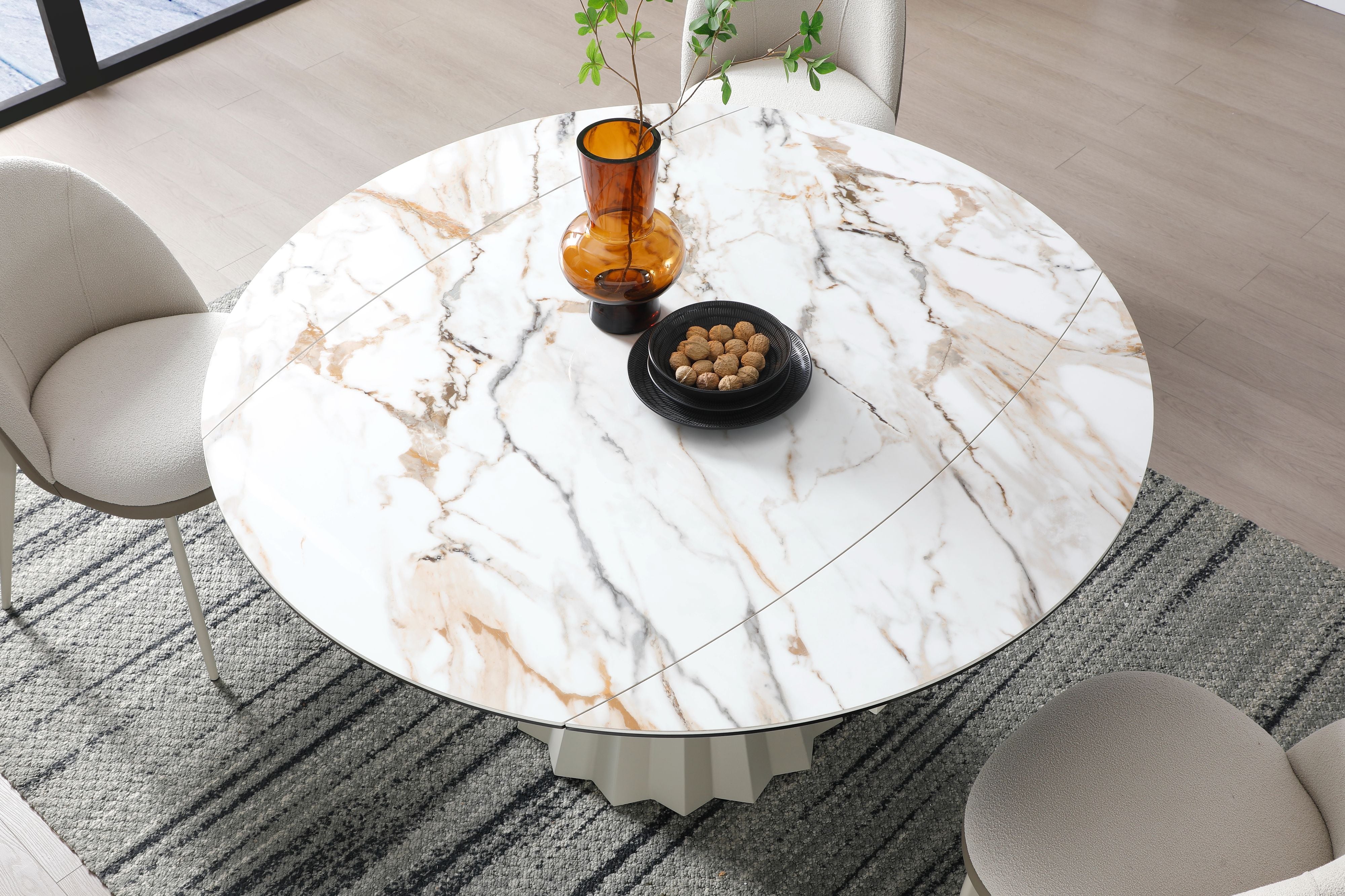 Skye 140CM Swivel Round Extending Italian Champagne & Sunset Vein Dining Table