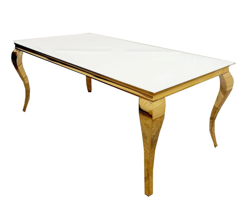 Louis Gold & White Marble Dining Table With Cream & Gold Lion Knocker Dining Chairs-Esme Furnishings