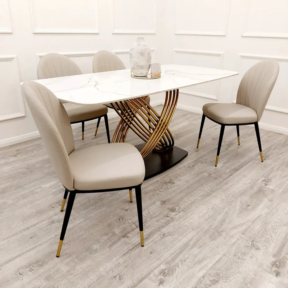 Orion Gold 180cm Dining Table with Polar White Sintered Stone Top + Etta Beige PU Leather Dining Chairs-Esme Furnishings