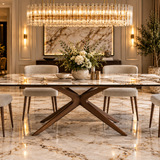 Serene 160-240cm Italian Walnut & Pandora Vendome Ceramic Marble Side Extending Dining Table With Bella Walnut Wooden Taupe Dining Chairs