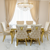 Elina 180cm Gold Marble Dining Table with Victoria Lion Knocker Chairs
